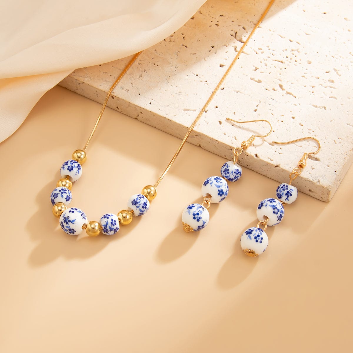 Chinese Style Blue And White Porcelain Beaded Necklace Earrings Set - ArtGalleryZen