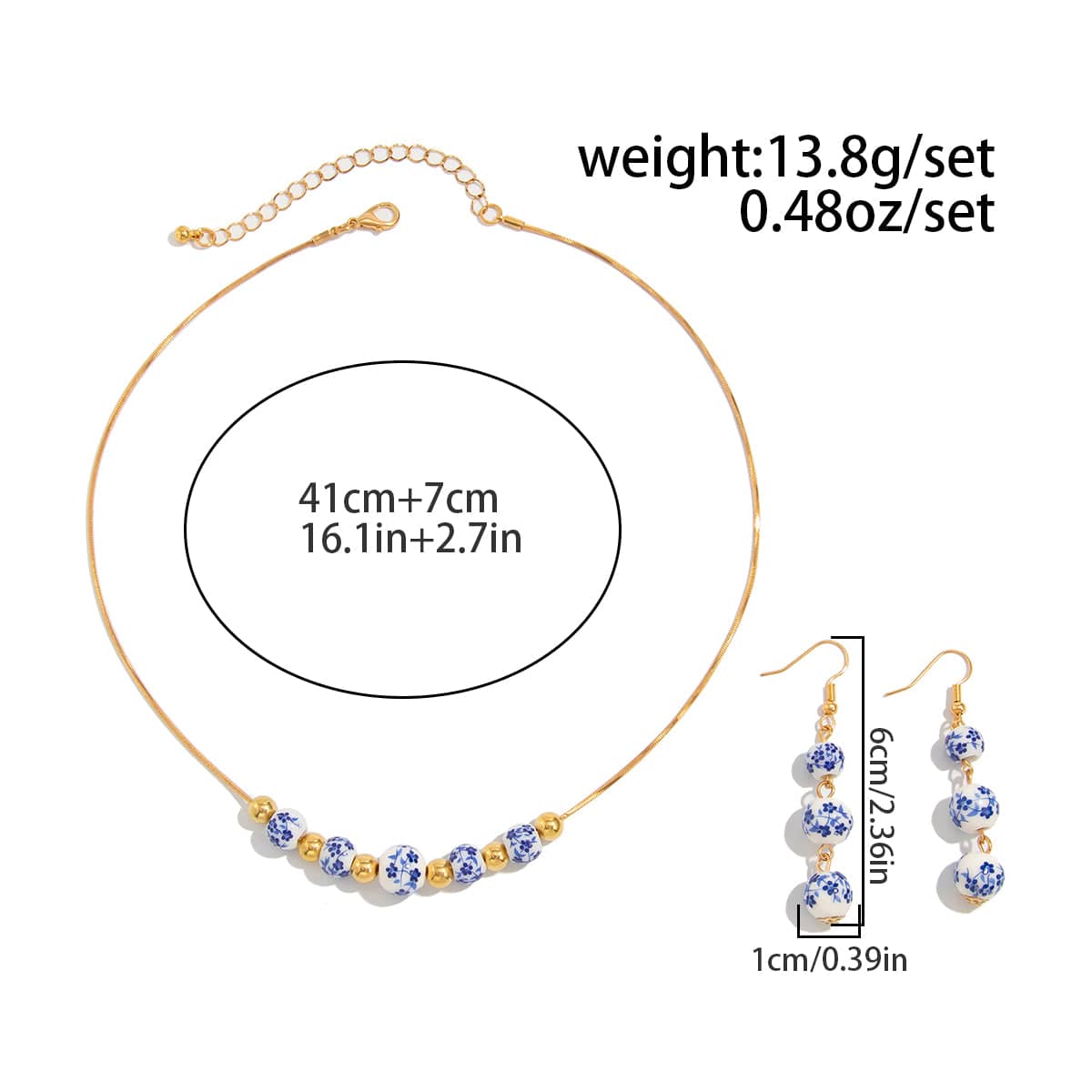 Chinese Style Blue And White Porcelain Beaded Necklace Earrings Set - ArtGalleryZen