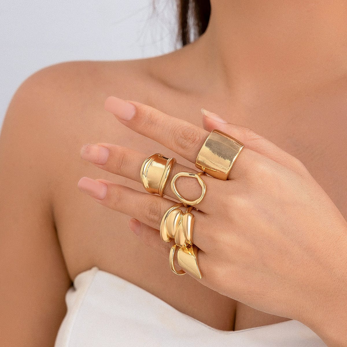 Chunky 4Pcs Hollow Oval Glossy Stackable Ring Set - ArtGalleryZen