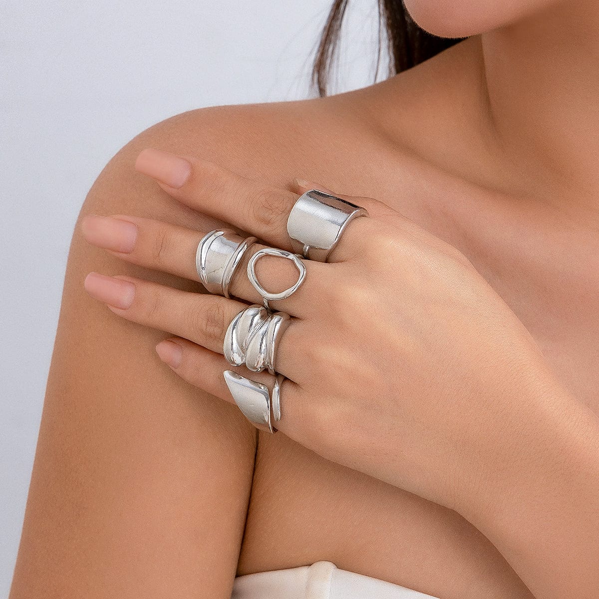 Chunky 4Pcs Hollow Oval Glossy Stackable Ring Set - ArtGalleryZen