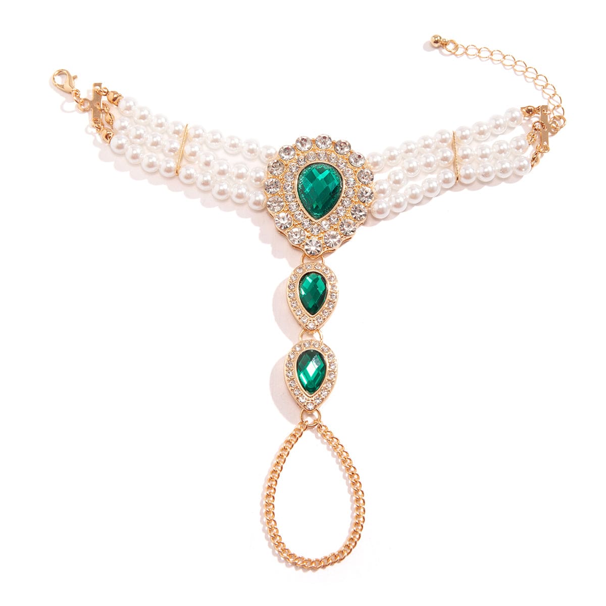 Classic Layered Emerald CZ Inlaid Pearl Chain Bracelet - ArtGalleryZen