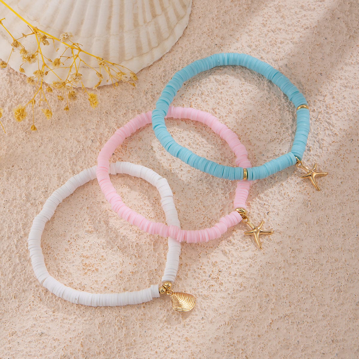 Colorful Layered Shell Starfish Charm Polymer Clay Anklet Set - ArtGalleryZen