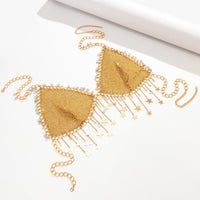 Thumbnail for Crystal Body Chain Bra with Rhinestone Inlay and Tassel Detail - 18k Gold Silver Plated - ArtGalleryZen