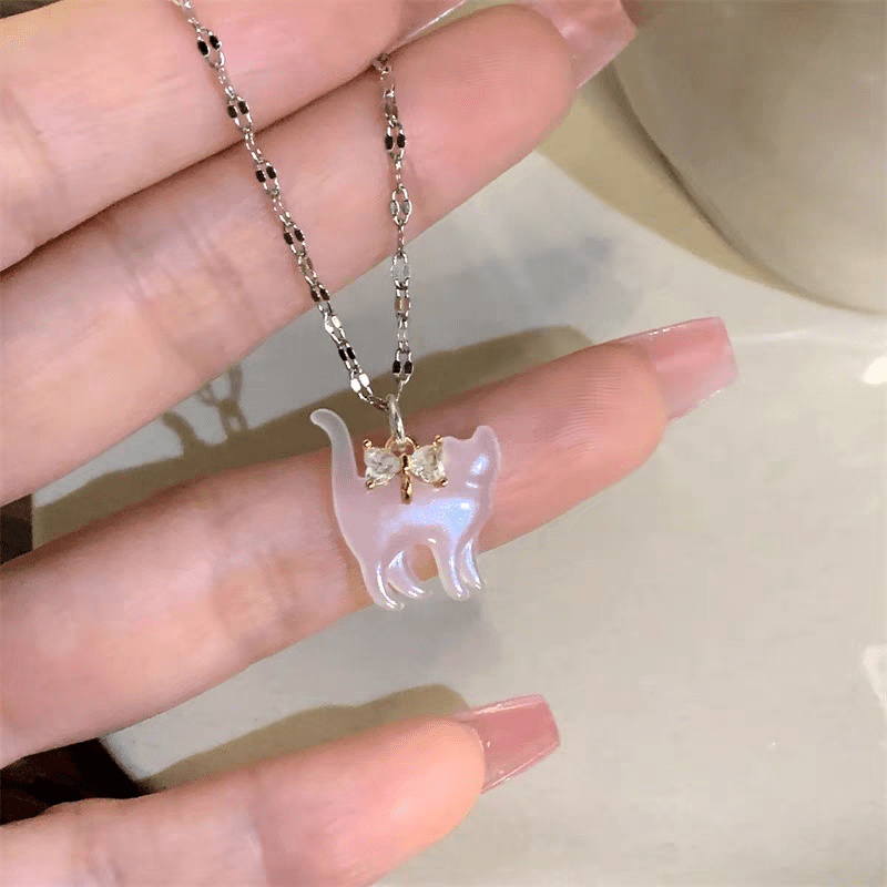 Crystal Bowknot Cat Pendant Necklace - ArtGalleryZen