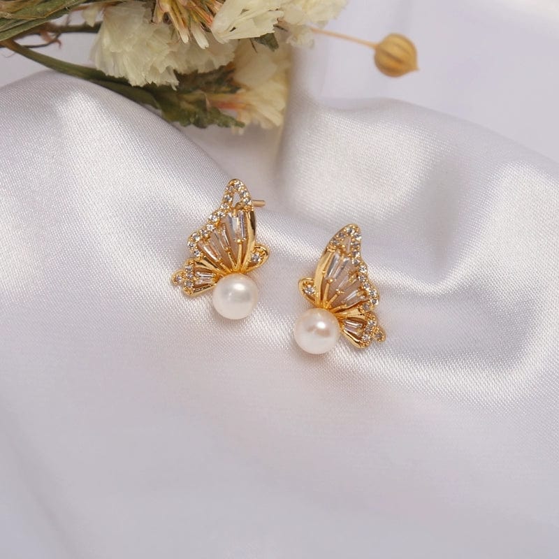 Crystal Butterfly Pearl Earrings - ArtGalleryZen