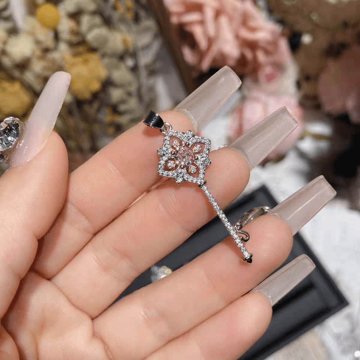 Crystal Floral Key Pendant Necklace - ArtGalleryZen
