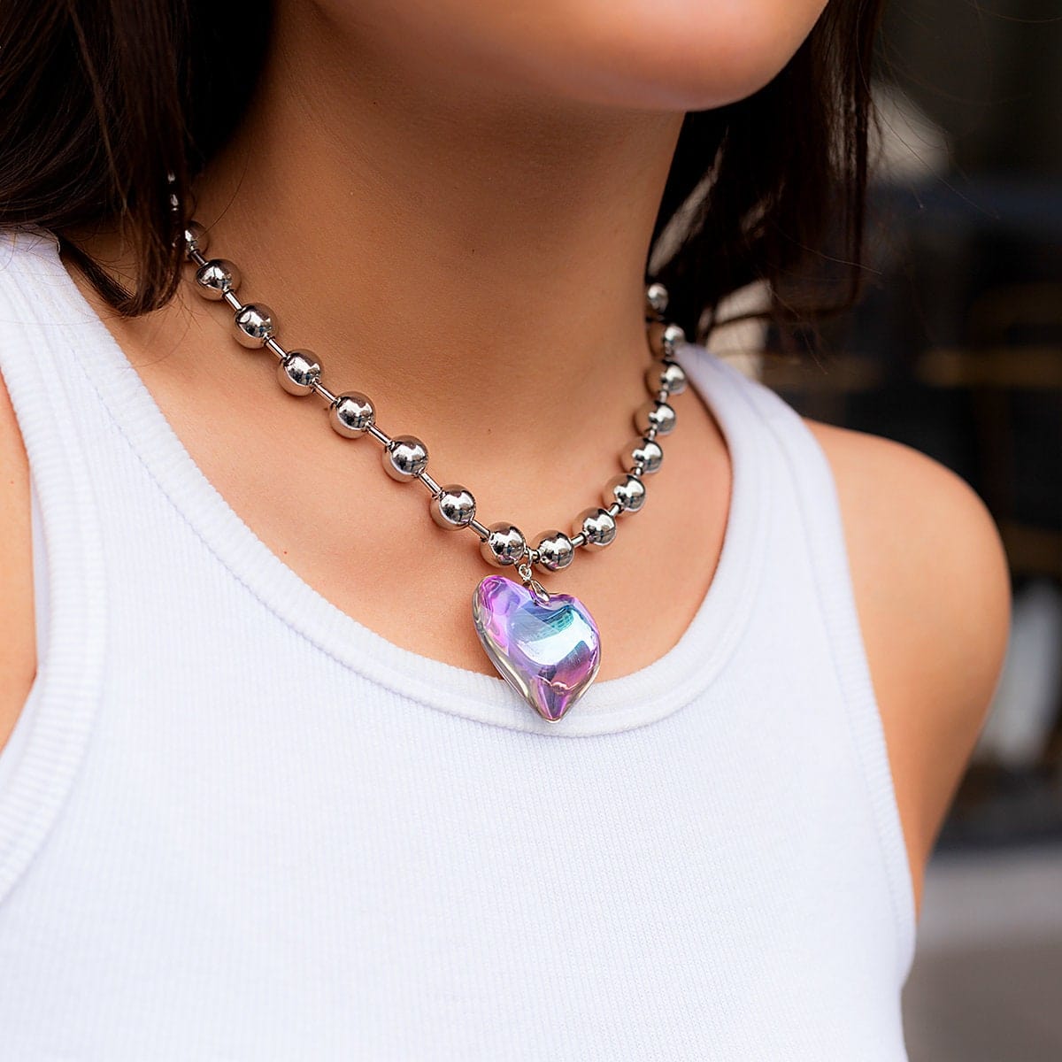 Crystal Heart Pendant Ball Chain Choker Necklace - ArtGalleryZen