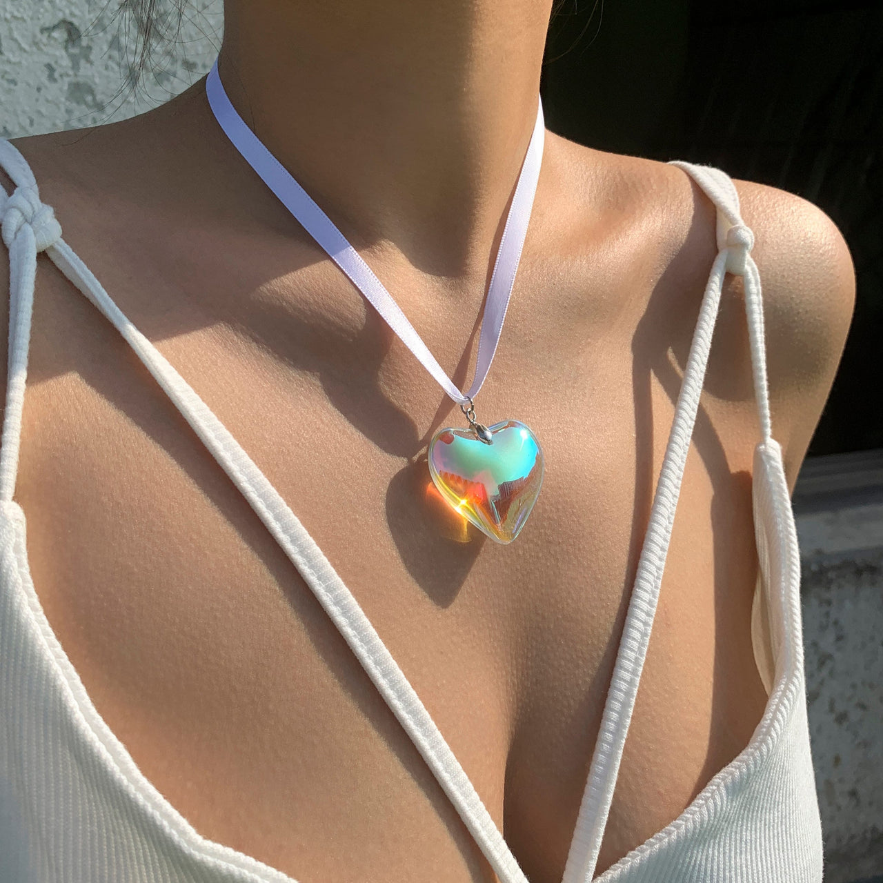 Crystal Heart Pendant Ribbon Necklace - Pearl