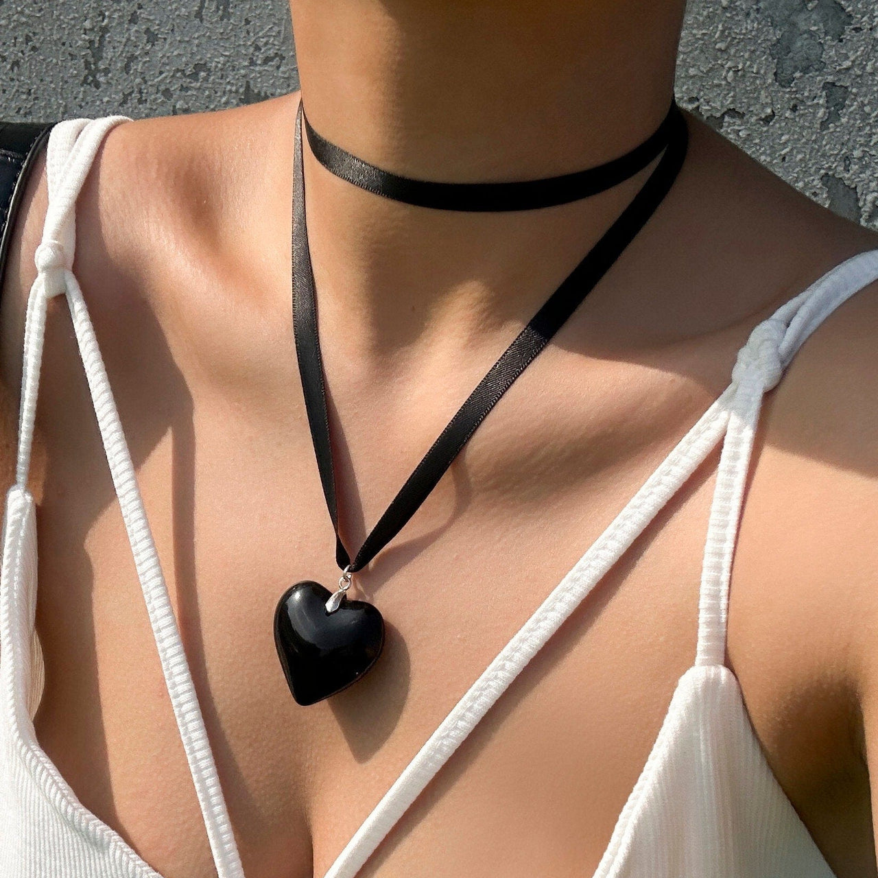 Crystal Heart Pendant Ribbon Necklace – ArtGalleryZen