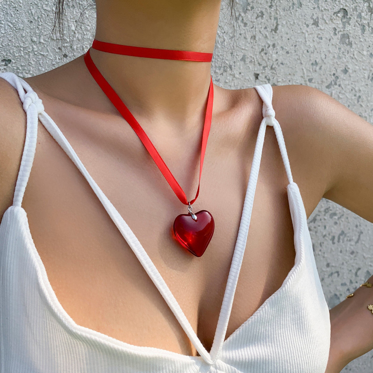 Crystal Heart Pendant Ribbon Necklace - ArtGalleryZen