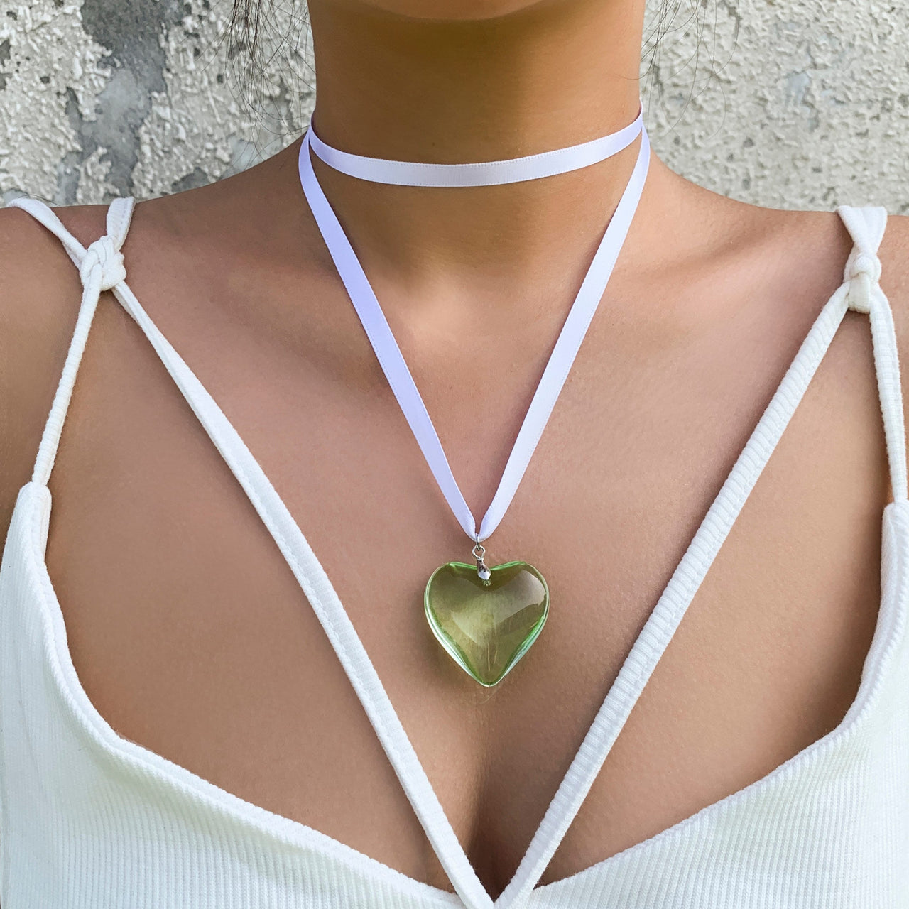 Crystal Heart Pendant Ribbon Necklace - Green
