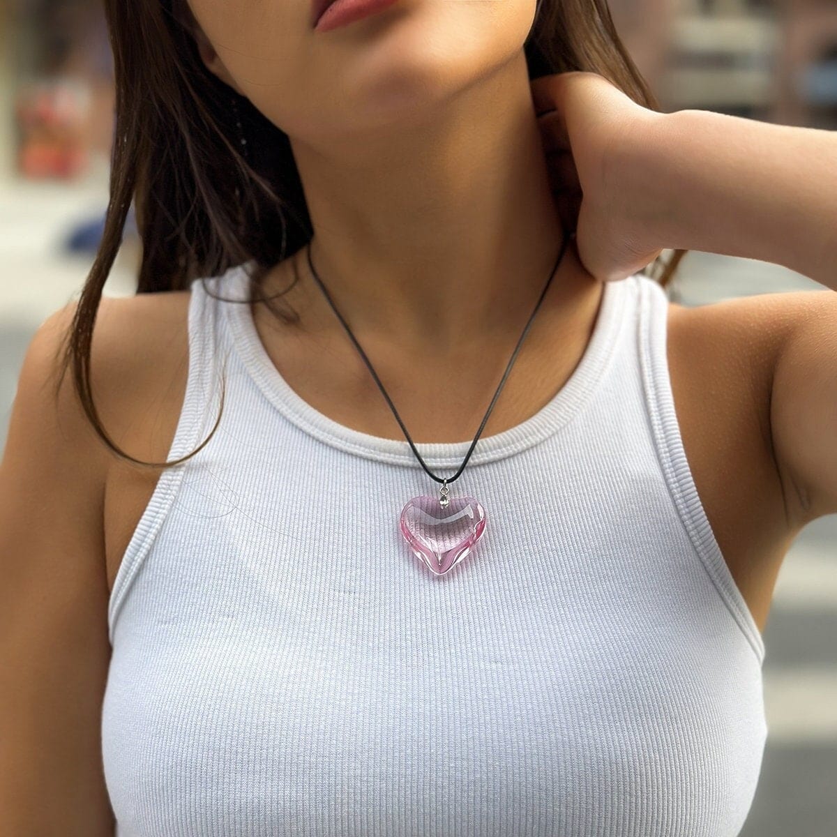 Crystal Heart Pendant Wax Cord String Choker Necklace - ArtGalleryZen