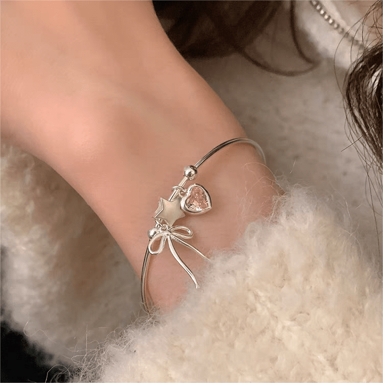 Crystal Heart Star Ribbon Bangle Bracelet - ArtGalleryZen