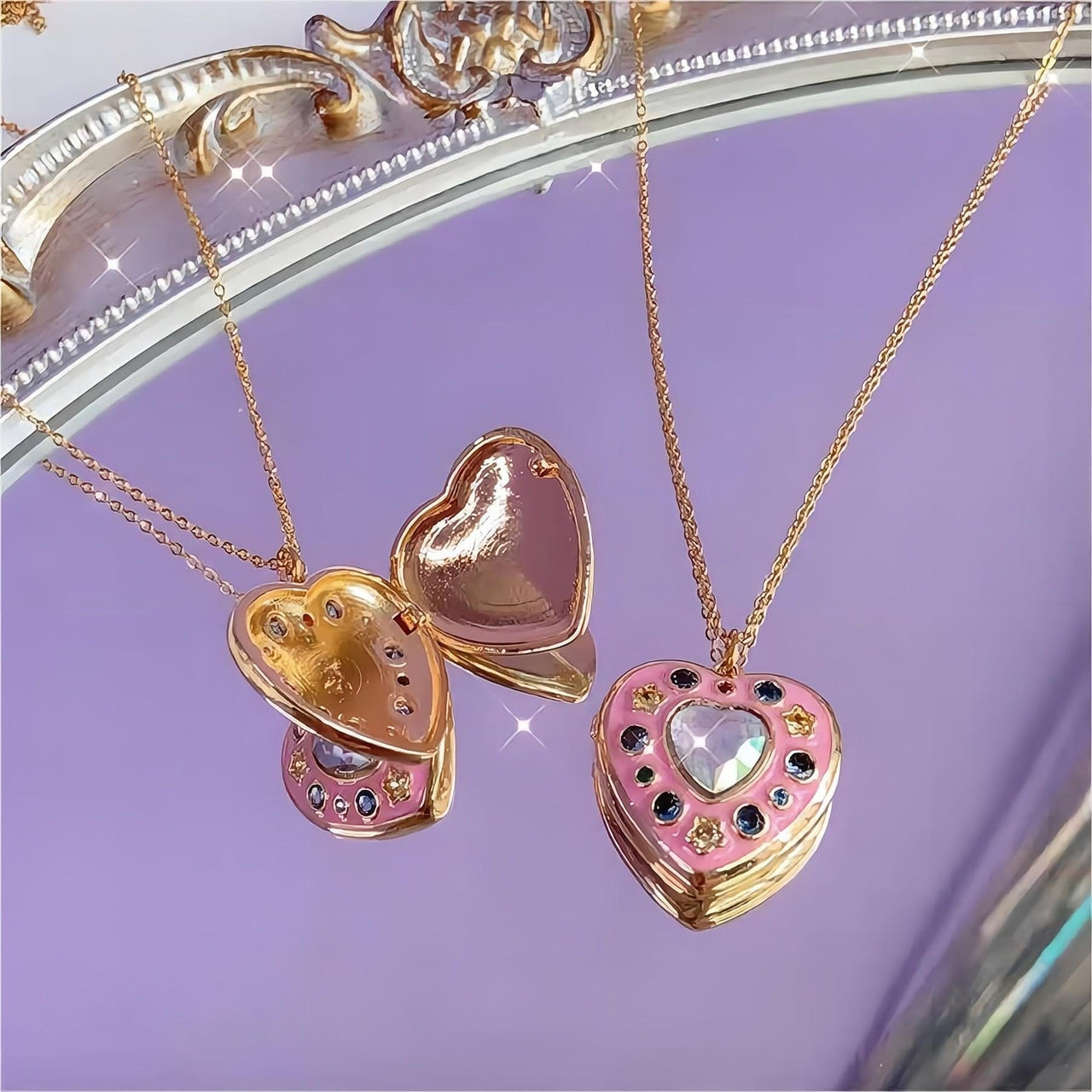 Crystal Inlaid 18K Gold Filled Enamel Heart Locket Necklace - ArtGalleryZen