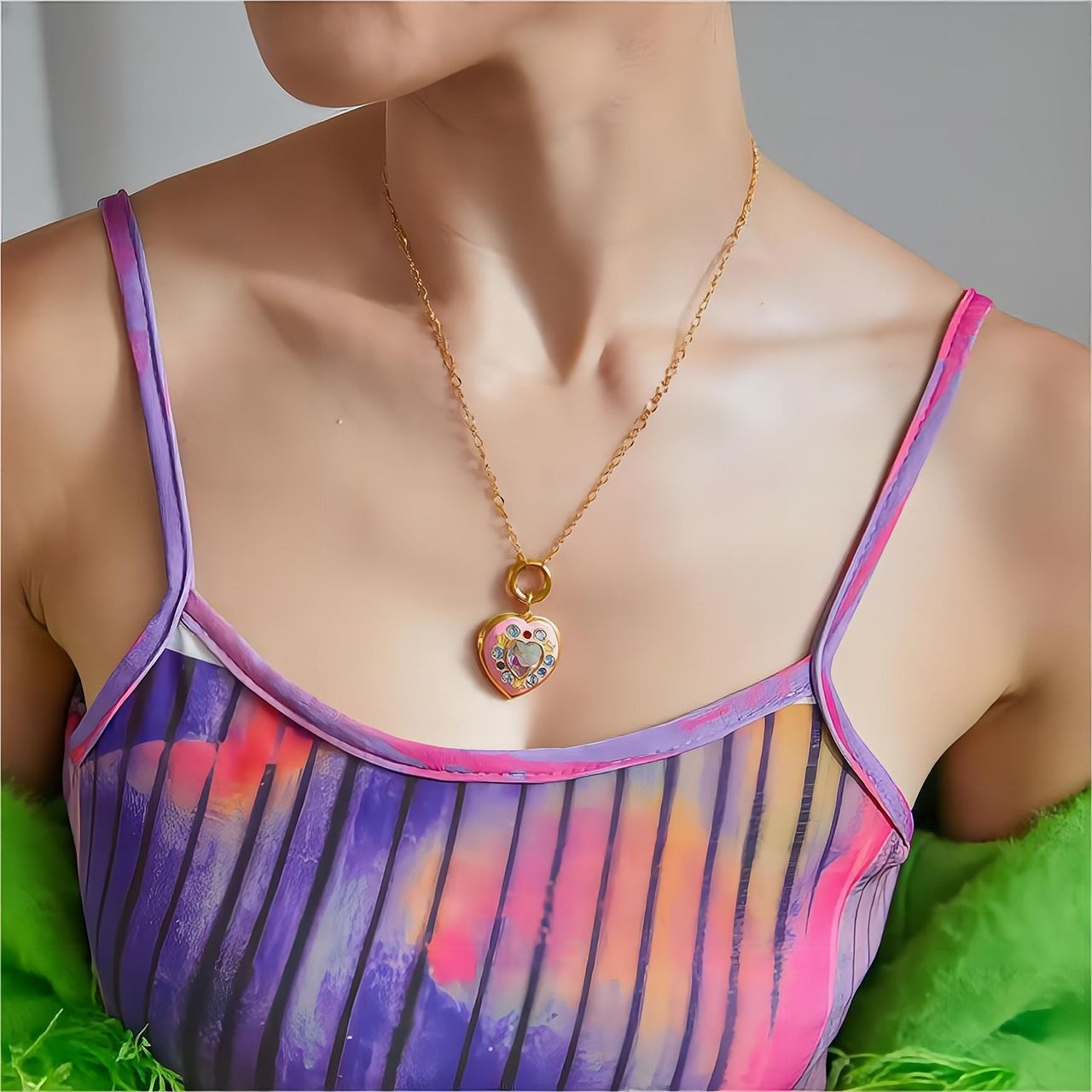 Crystal Inlaid 18K Gold Filled Enamel Heart Locket Necklace - ArtGalleryZen