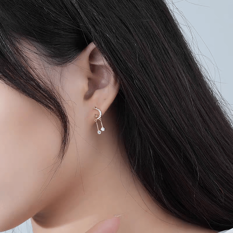 Crystal Inlaid Moon Star Dangle Earrings - ArtGalleryZen