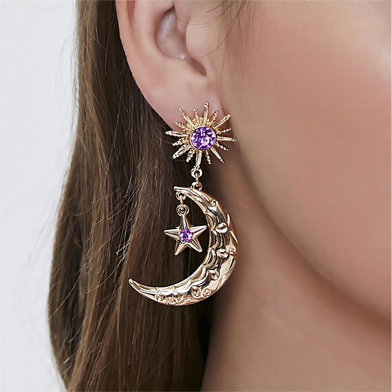 Crystal Inlaid Sun Star Moon Phase Dangle Earrings - ArtGalleryZen