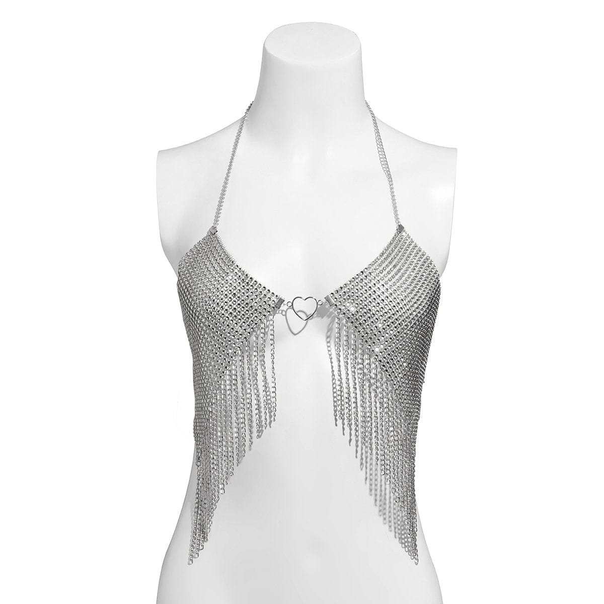 Crystal Mesh Body Chain Bra with Heart Charm and Tassel Detail - 18k Gold Silver Plated - ArtGalleryZen