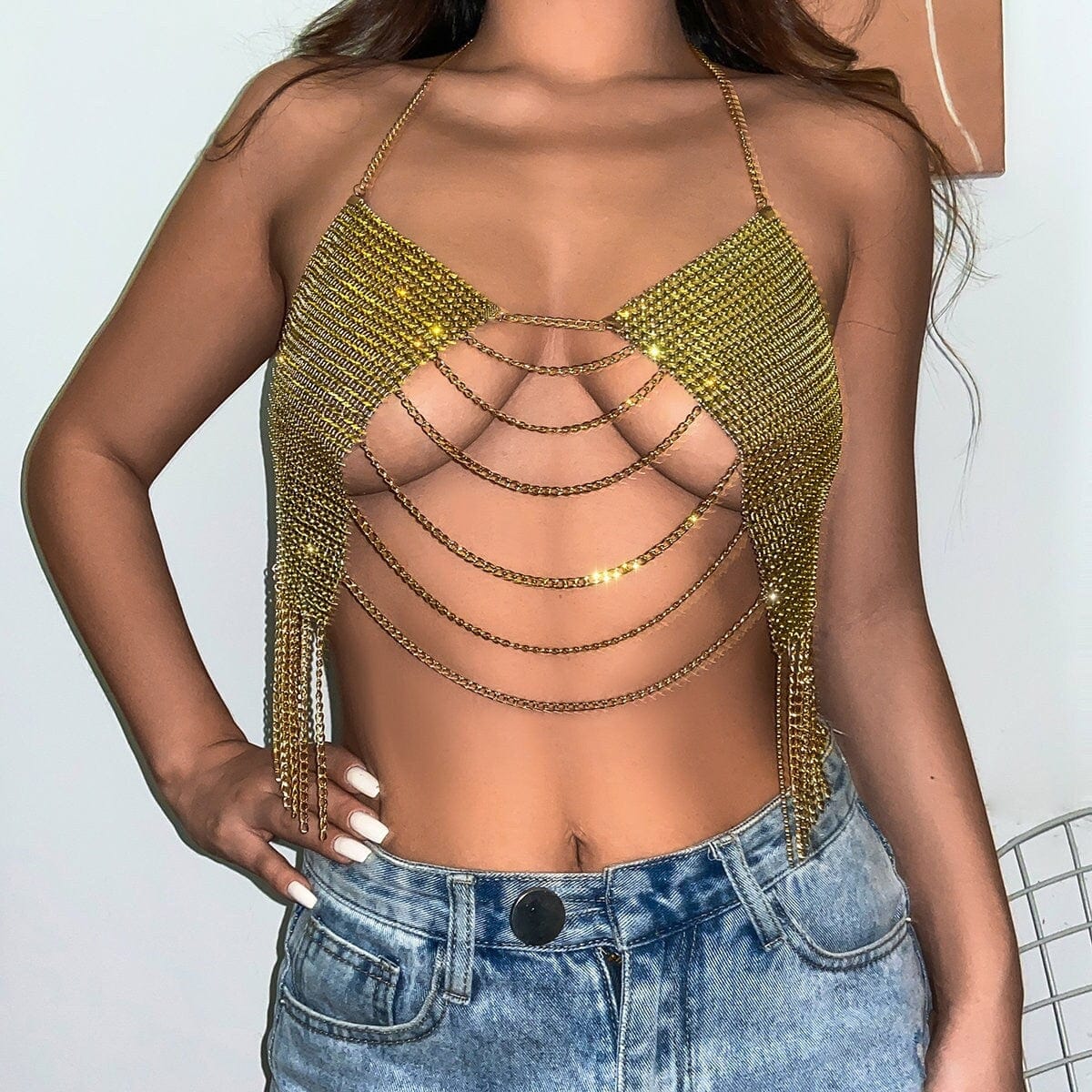 Crystal Mesh Body Chain Bra with Rhinestone Inlay and Tassel Detail - 18k  Gold Silver Plated