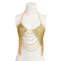Thumbnail for Crystal Mesh Body Chain Bra with Rhinestone Inlay and Tassel Detail - 18k Gold Silver Plated - ArtGalleryZen