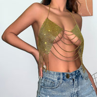 Thumbnail for Crystal Mesh Body Chain Bra with Rhinestone Inlay and Tassel Detail - 18k Gold Silver Plated - ArtGalleryZen