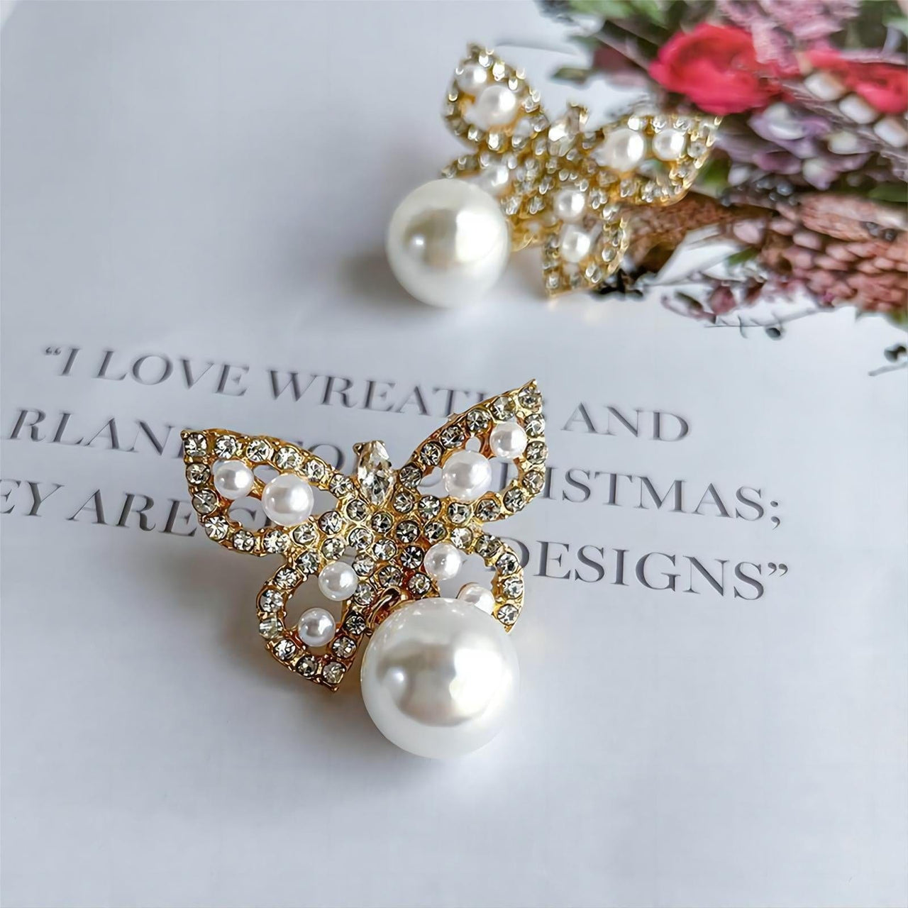 Crystal Pearl Inlaid Butterfly Earrings - ArtGalleryZen