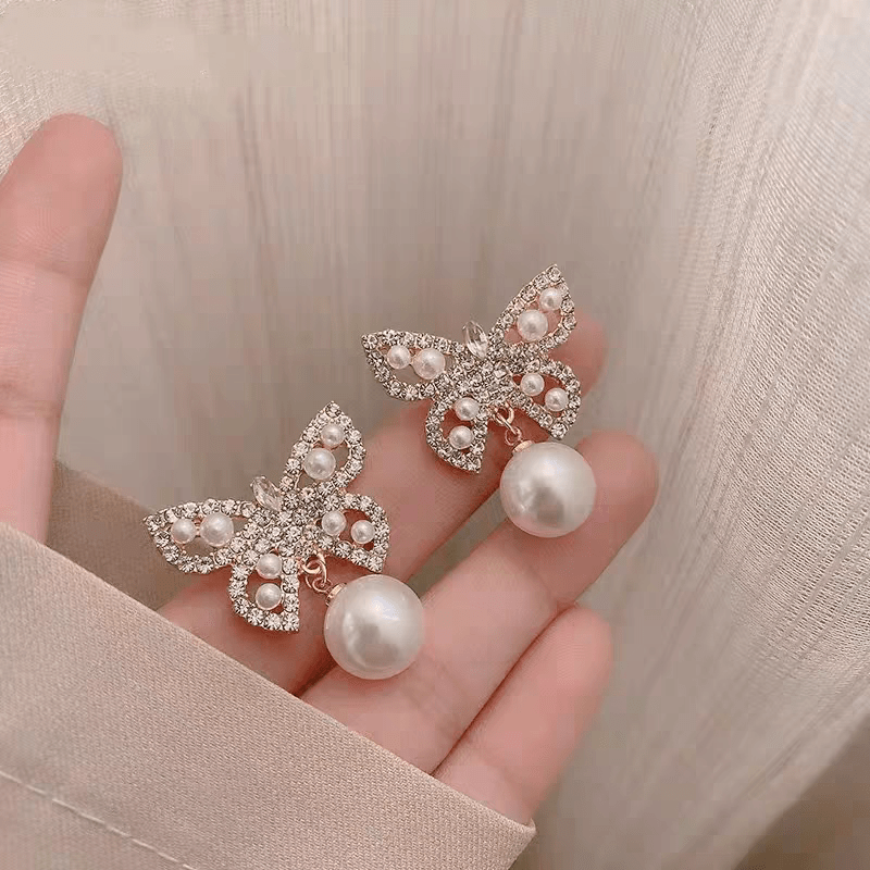 Crystal Pearl Inlaid Butterfly Earrings - ArtGalleryZen
