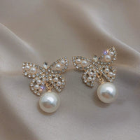 Thumbnail for Crystal Pearl Inlaid Butterfly Earrings - ArtGalleryZen
