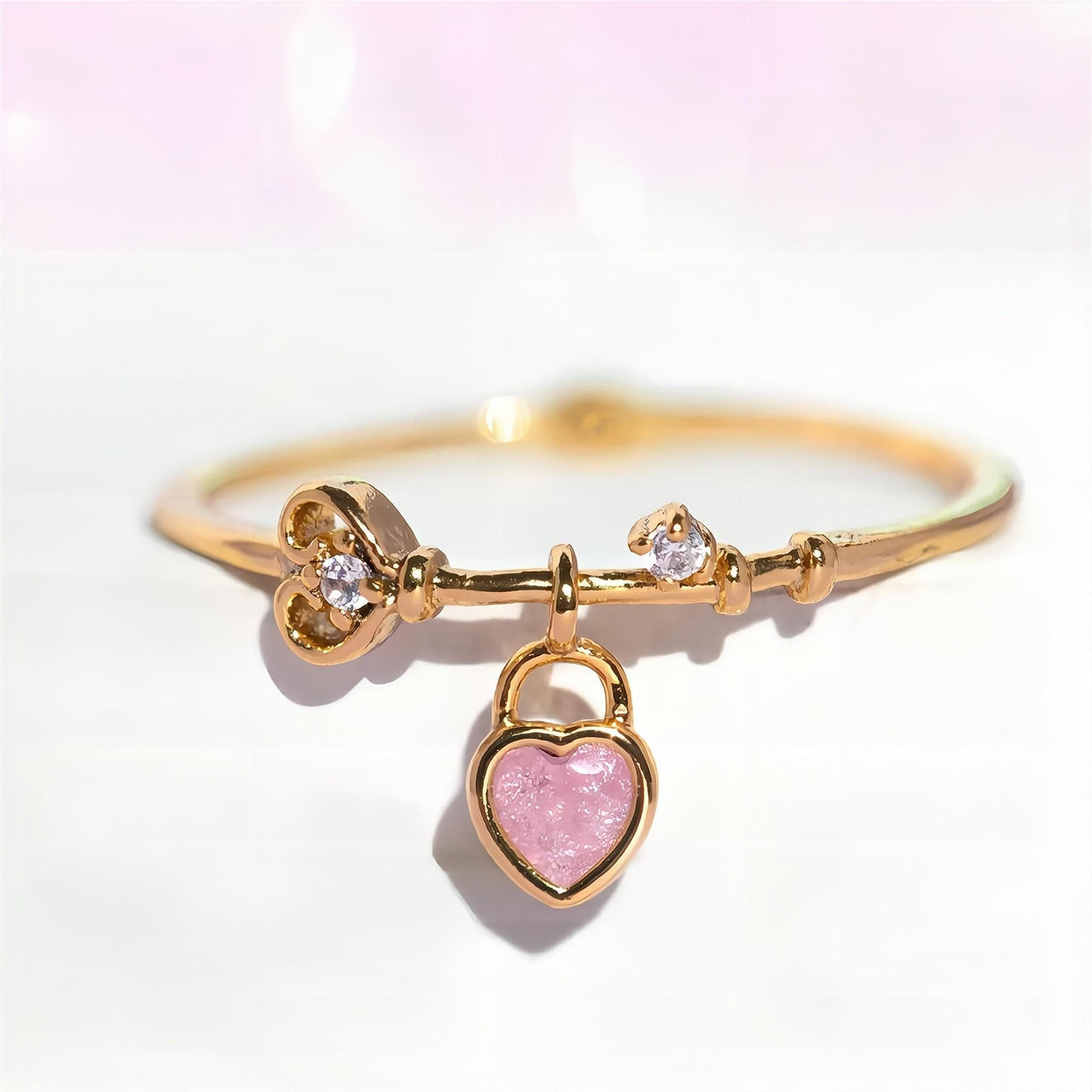 Cute 18K Gold Dangle Crystal Heart Lock Ring - ArtGalleryZen