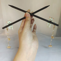 Thumbnail for Cute Cat Pendant Flower Pearl Tassel Wooden Hair Fork Hair Pin - ArtGalleryZen