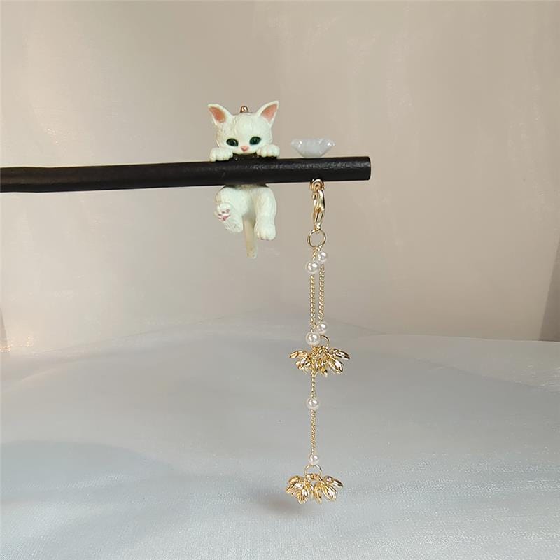 Cute Cat Pendant Flower Pearl Tassel Wooden Hair Fork Hair Pin - ArtGalleryZen
