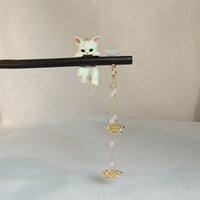 Thumbnail for Cute Cat Pendant Flower Pearl Tassel Wooden Hair Fork Hair Pin - ArtGalleryZen