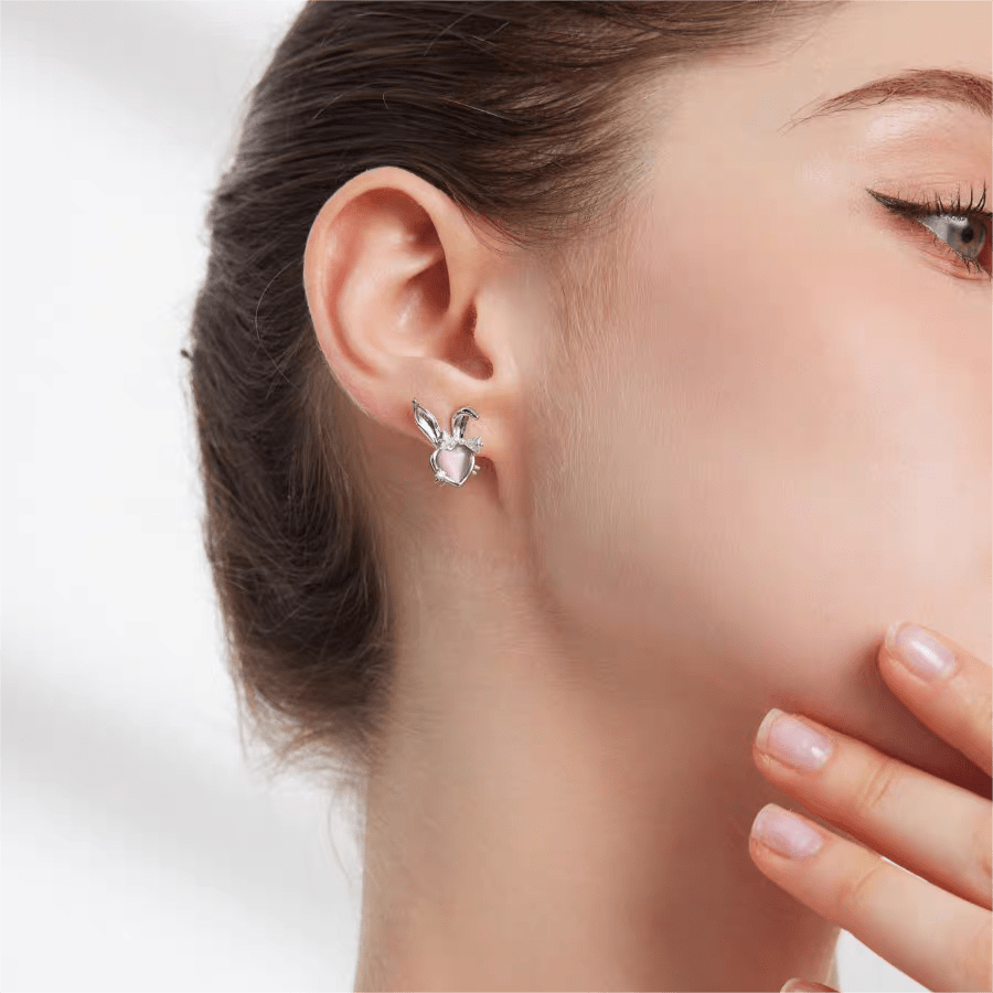 Cute CZ Inlaid Opal Heart Rabbit Earrings - ArtGalleryZen