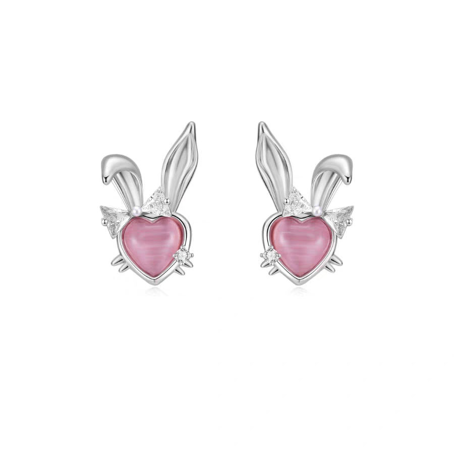Cute CZ Inlaid Opal Heart Rabbit Earrings - ArtGalleryZen