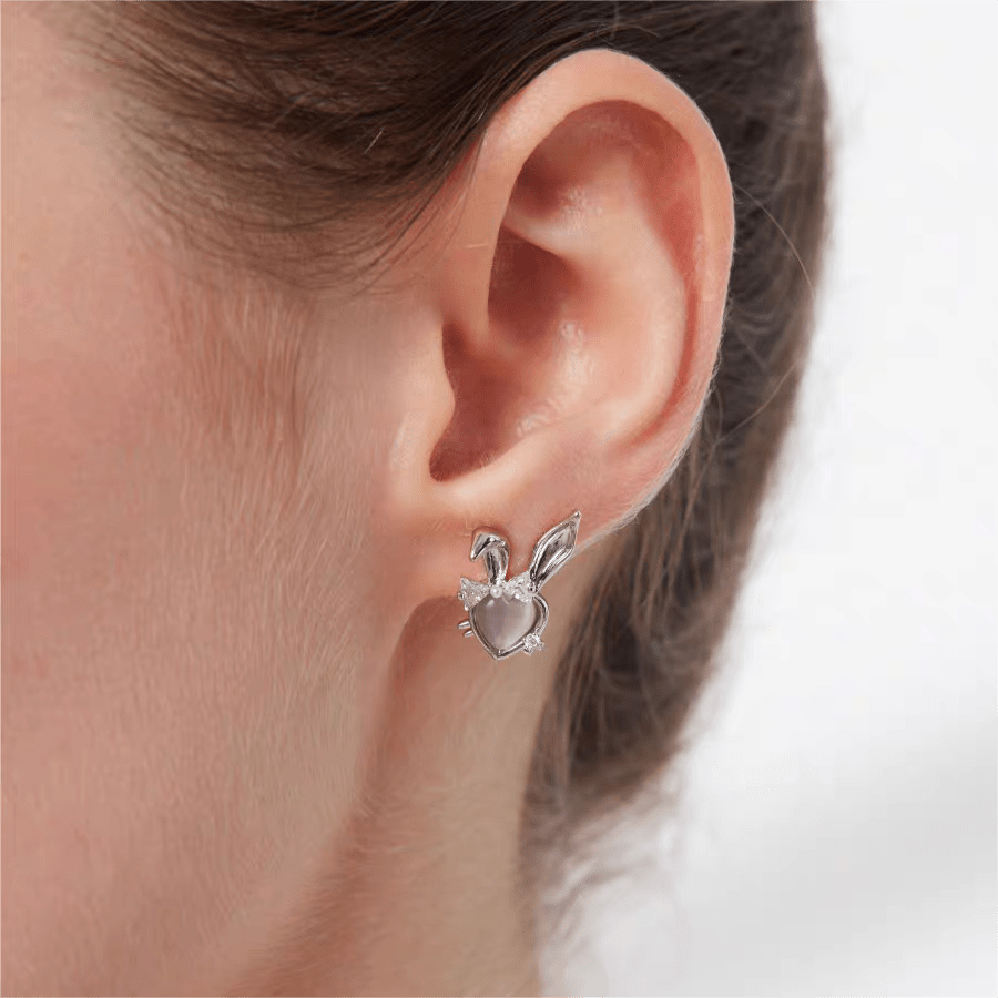Cute CZ Inlaid Opal Heart Rabbit Earrings - ArtGalleryZen