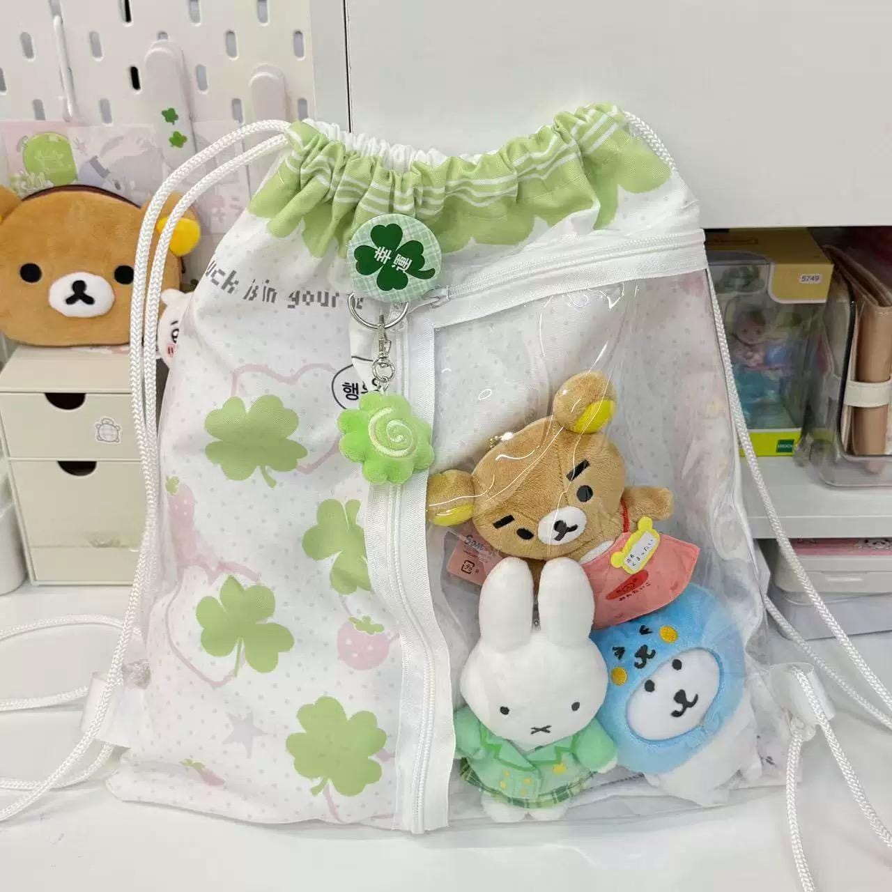 Cute Lucky Clover Strawberry Puppy Kpop Fan Display Drawstring Backpack - ArtGalleryZen
