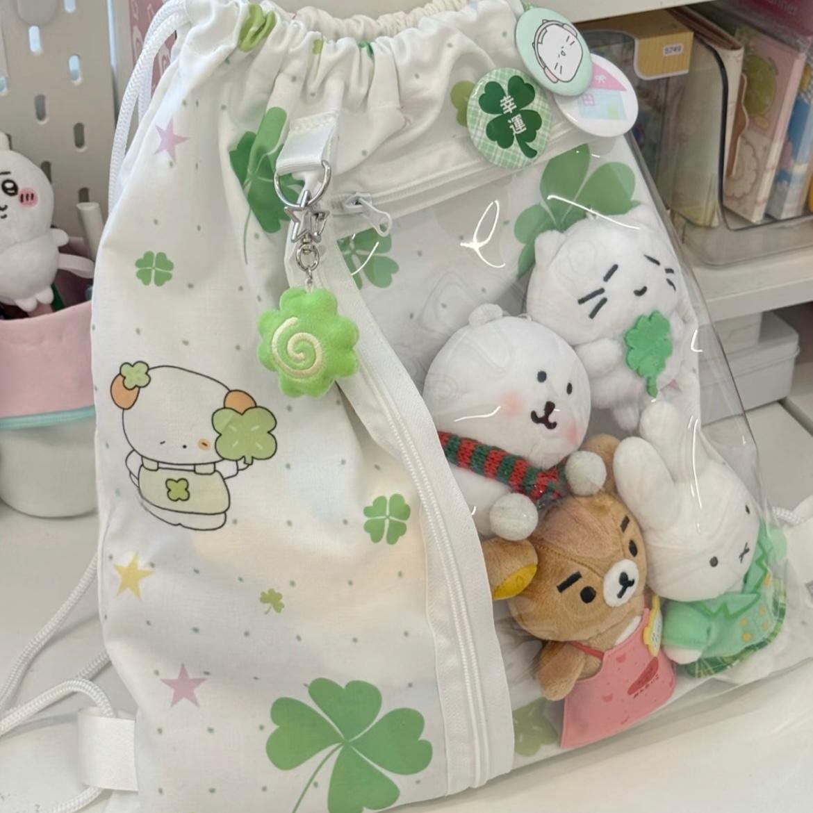 Cute Lucky Clover Strawberry Puppy Kpop Fan Display Drawstring Backpack - ArtGalleryZen