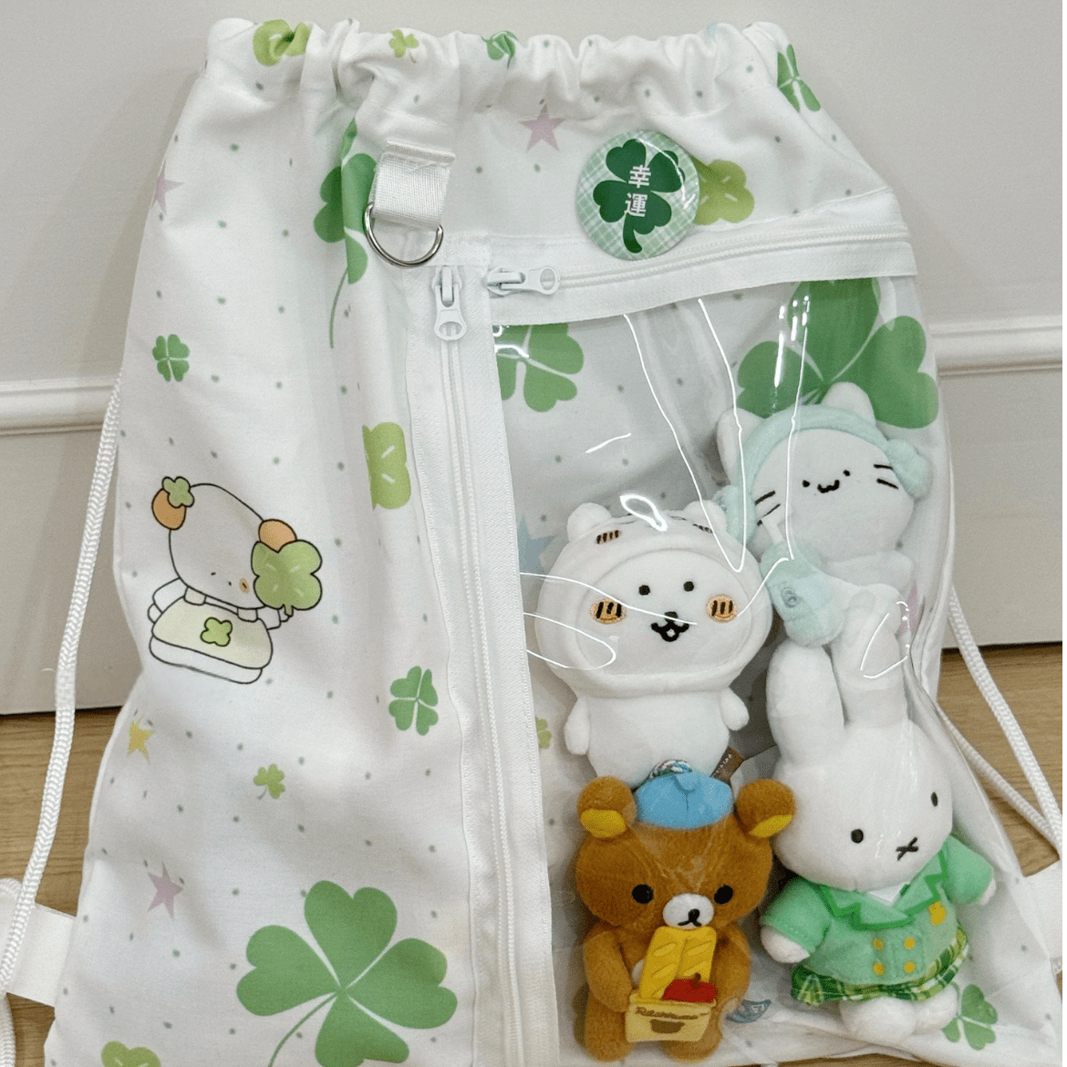 Cute Lucky Clover Strawberry Puppy Kpop Fan Display Drawstring Backpack - ArtGalleryZen