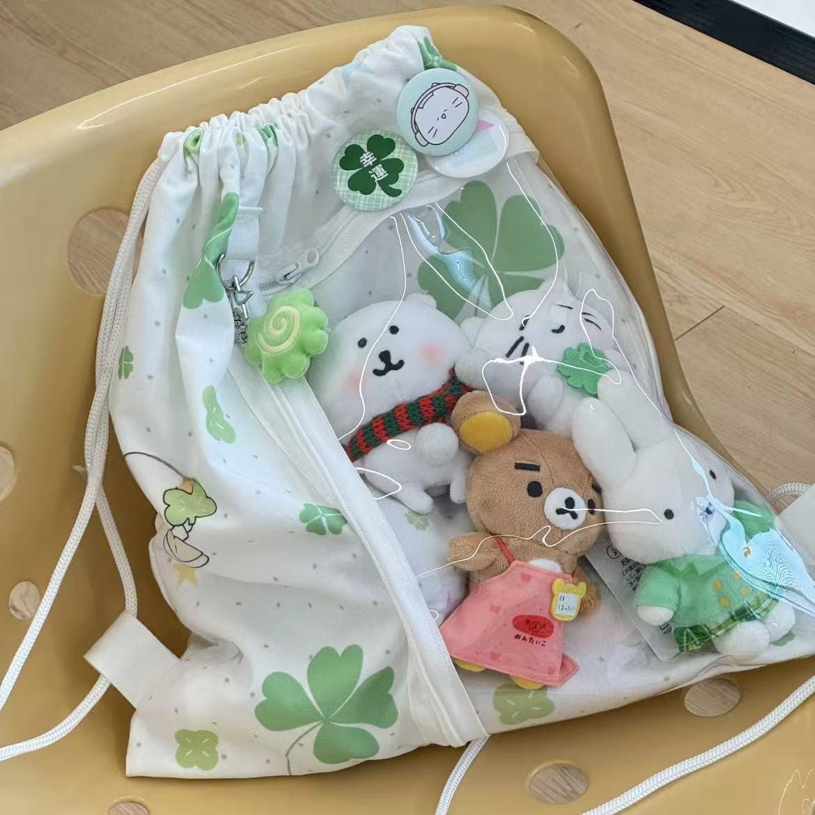 Cute Lucky Clover Strawberry Puppy Kpop Fan Display Drawstring Backpack - ArtGalleryZen