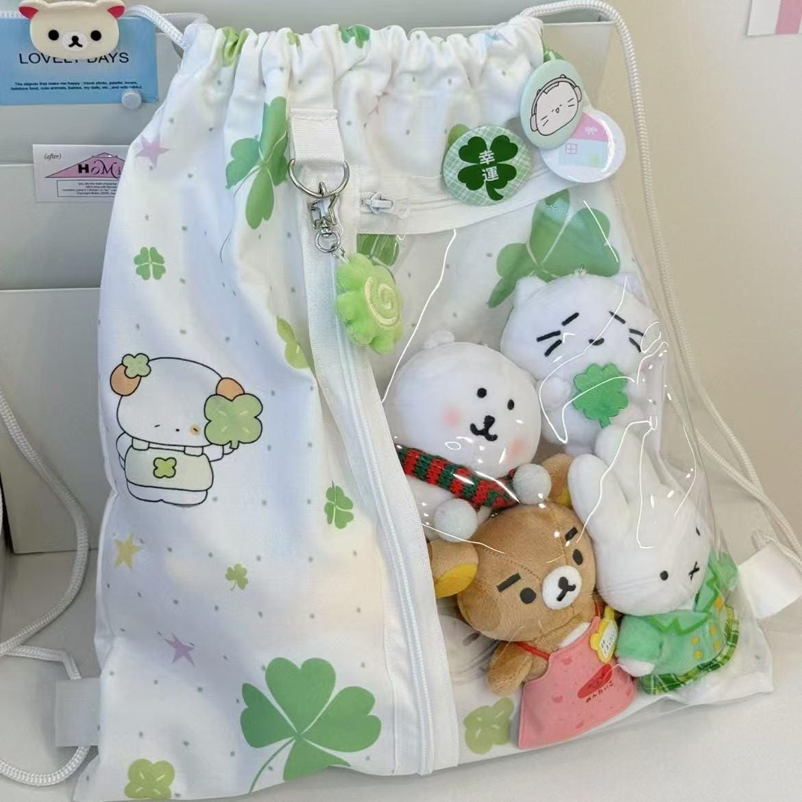 Cute Lucky Clover Strawberry Puppy Kpop Fan Display Drawstring Backpack - ArtGalleryZen