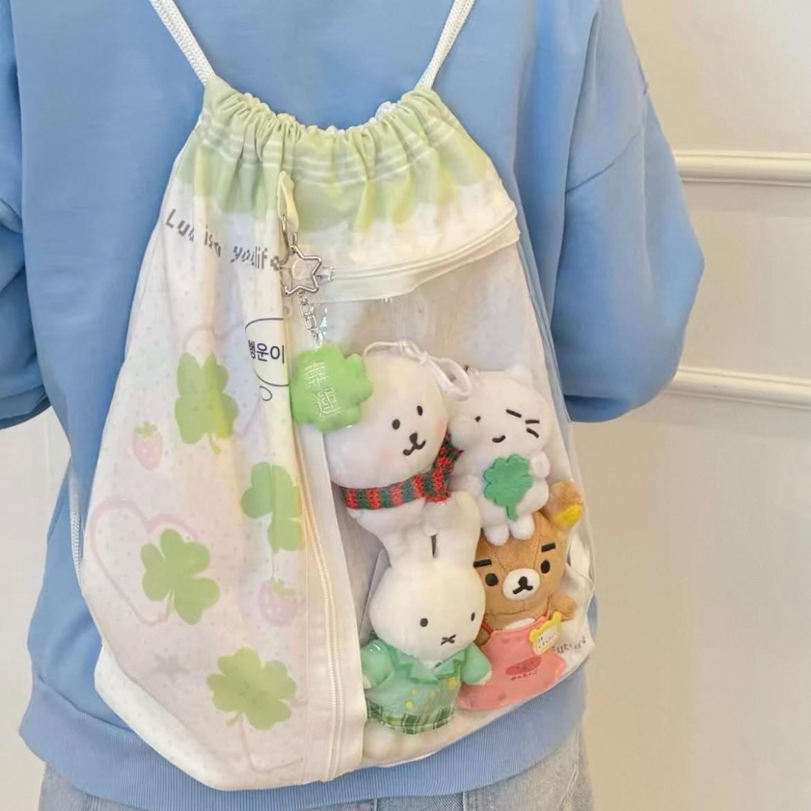 Cute Lucky Clover Strawberry Puppy Kpop Fan Display Drawstring Backpack - ArtGalleryZen