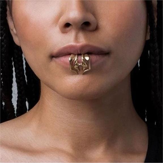 Cyberpunk 2Pcs Geometric Pattern Stackable Non Piercing Lip Cuff Set - ArtGalleryZen