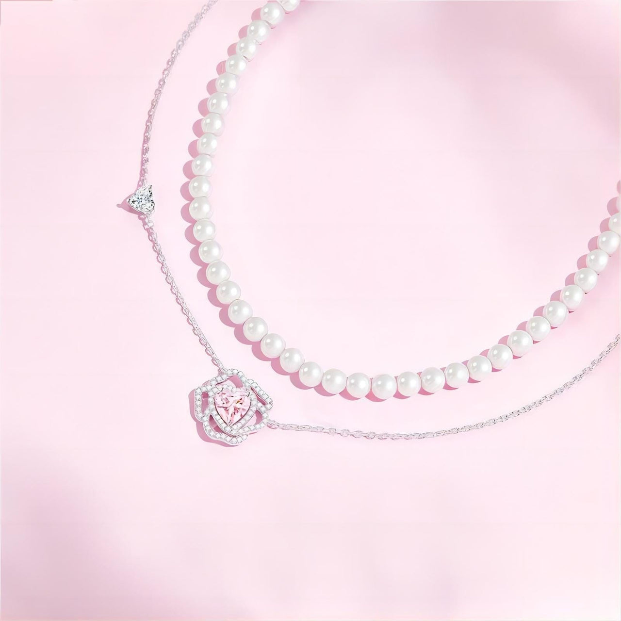 CZ Inlaid Pink Crystal Floral Heart Necklace - ArtGalleryZen