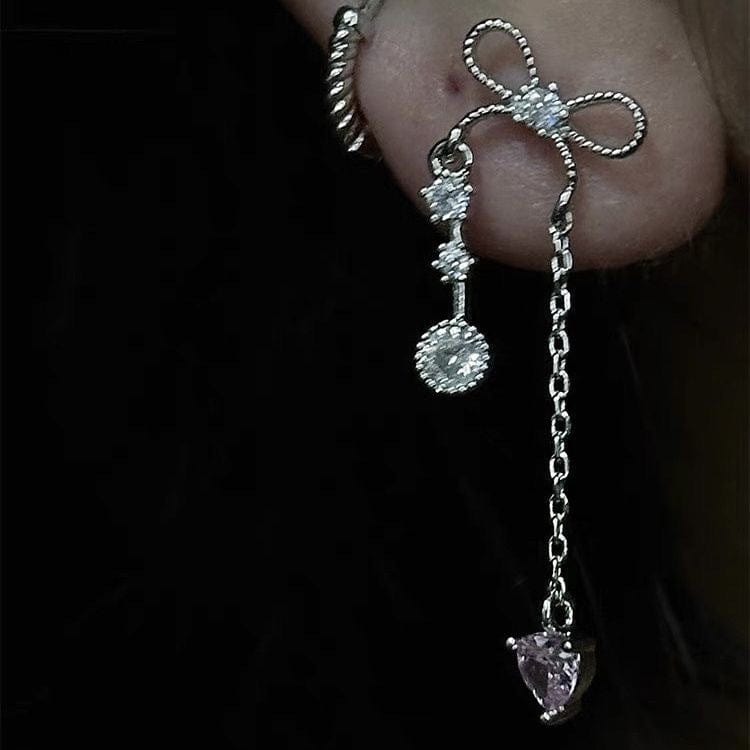 Dainty Bowknot Crystal Inlaid Heart Tassel Chain Earring - ArtGalleryZen