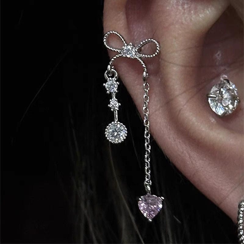 Dainty Bowknot Crystal Inlaid Heart Tassel Chain Earring - ArtGalleryZen