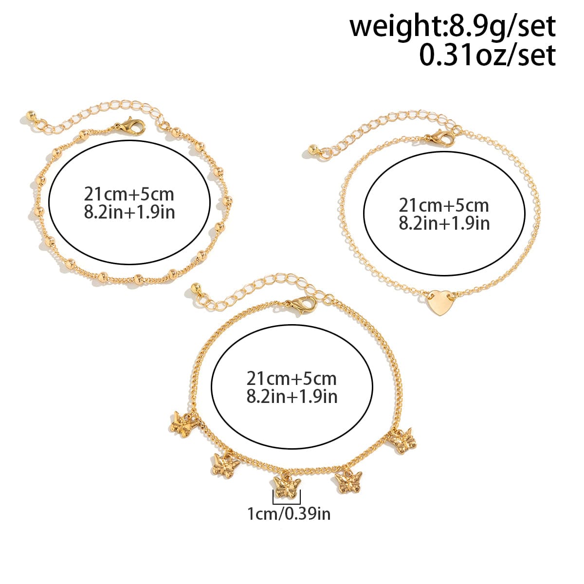 Dainty Butterfly Tassel Heart Charm Anklet Set - ArtGalleryZen