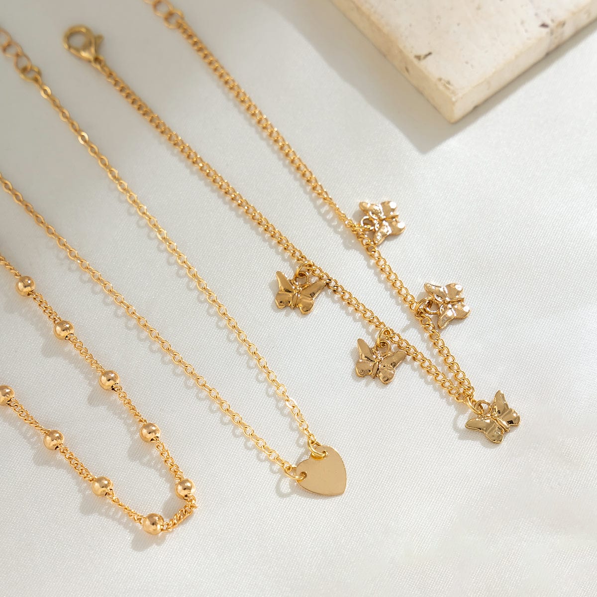 Dainty Butterfly Tassel Heart Charm Anklet Set - ArtGalleryZen