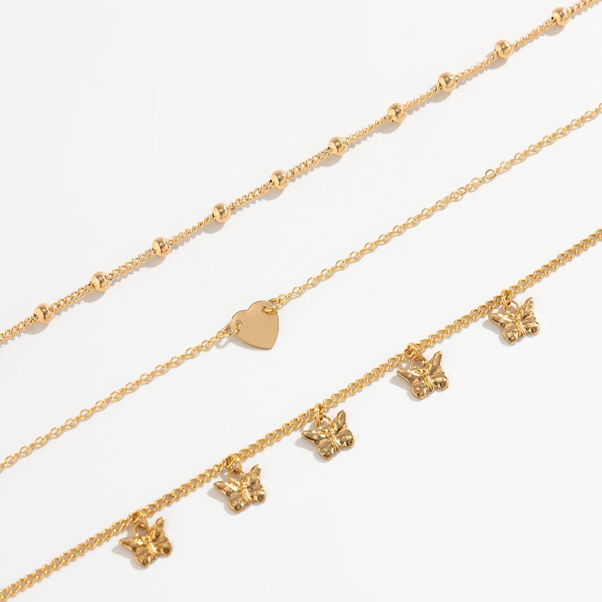 Dainty Butterfly Tassel Heart Charm Anklet Set - ArtGalleryZen