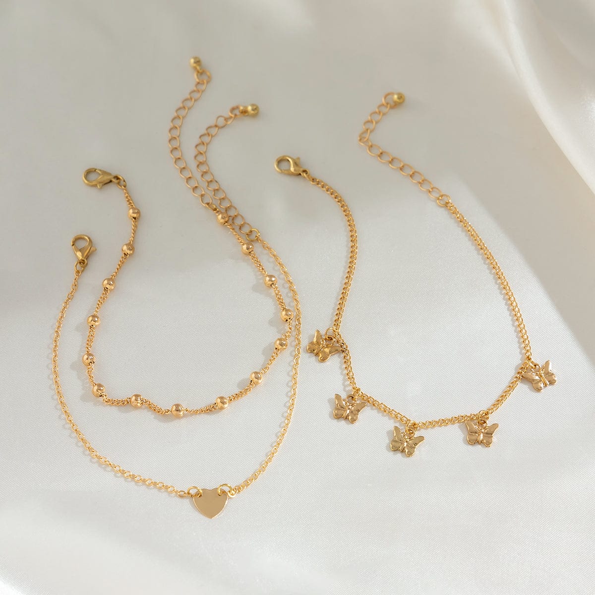 Dainty Butterfly Tassel Heart Charm Anklet Set - ArtGalleryZen