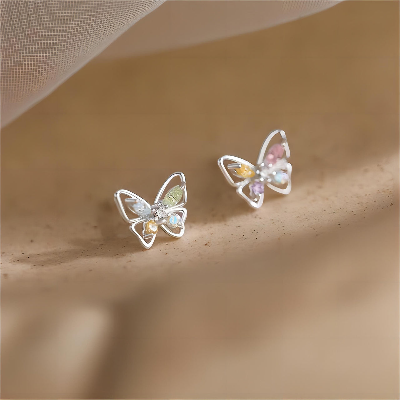 Dainty Colorful CZ Inlaid Silver Butterfly Earrings - ArtGalleryZen